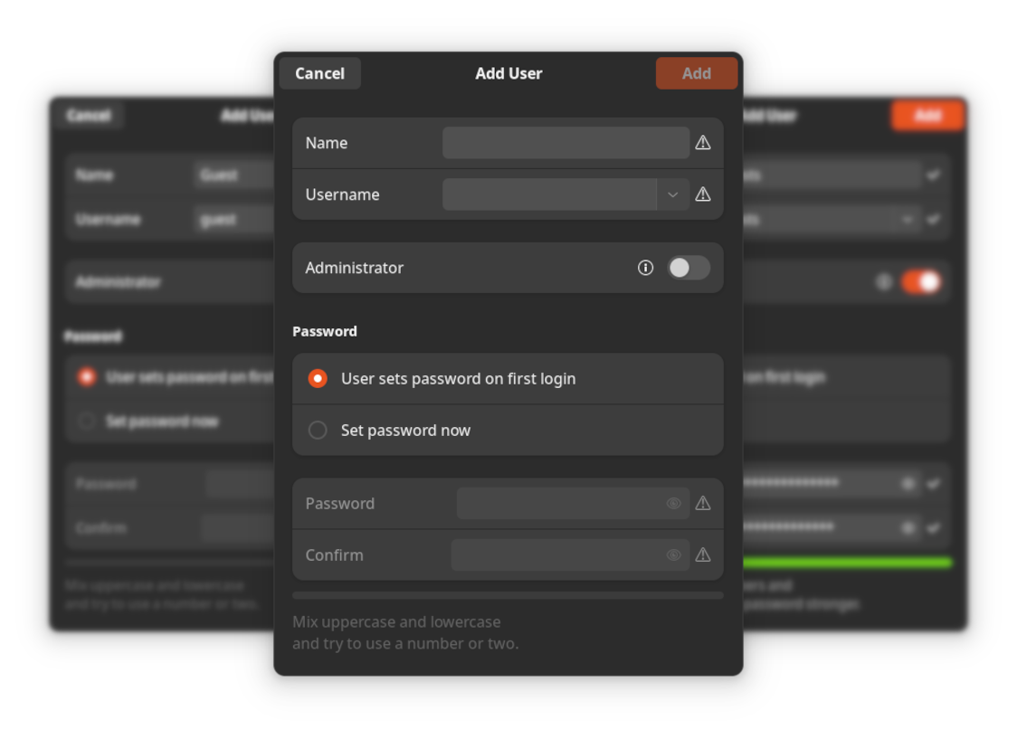 A screenshot of Linux ubuntu v24, displaying the add user pop-up in the users section of system settings
